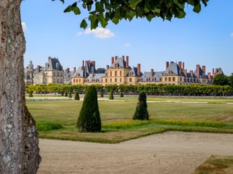 View of Fontainebleau Palace with manicured lawns and conical topiary trees in the foreground. The Renaissance palace features red chimneys under blue sky.
