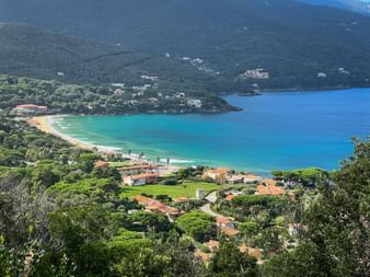 Aerial view of Procchio Bay on Elba with turquoise water, sandy beach, coastal village with red-roofed houses, and green hills in the background.