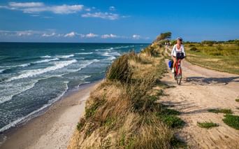 Cyclist riding on sandy coastal path along Baltic Sea. Grass-covered dunes separate the path from beach. Blue sky with white clouds above.
