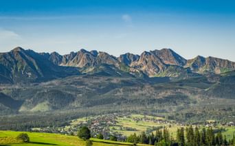 Panoramic view of Zakopane with green meadows in foreground, village and forests in valley, and dramatic Tatra mountain peaks under blue sky.
