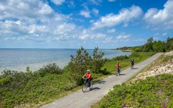 Three cyclists riding on a paved coastal path along the Baltic Sea between Stettin and Danzig, with blue water, green vegetation, and clouds.