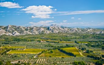 Panoramic view of Les Baux-de-Provence with rocky mountains, green agricultural fields, vineyards, and olive groves under blue sky.