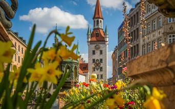 Colorful spring flowers frame Munich's Marienplatz with the Old Town Hall tower featuring a red spire and clock under blue sky.
