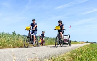 Family cycling on paved path with two adults on e-bikes with yellow panniers, child on bike, and bike trailer. Green fields under blue sky.