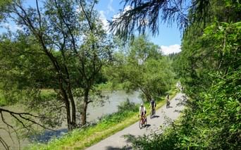 Cyclists riding along a paved riverside path beside the Dunajec River, surrounded by lush green trees and vegetation under a blue sky.