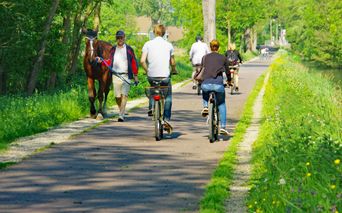 Radfahrer fahren entlang eines Kanals durch das Elsass