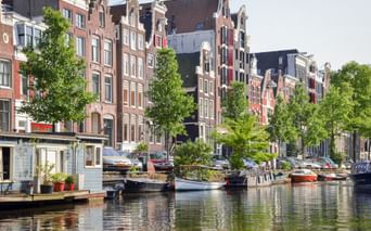 Amsterdamer Gracht gesäumt von traditionellen niederländischen Giebelhäusern und grünen Bäumen. Mehrere Hausboote liegen am Ufer.