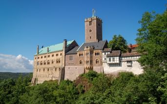 Wartburg Castle near Eisenach on a forested hill under blue sky. The medieval fortress features a tall tower and stone buildings.
