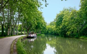 A small boat moored on the calm Canal du Midi, lined with tall green trees on both sides. A cycling path runs parallel to the waterway.
