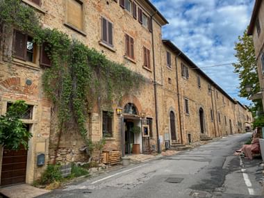Narrow street with rustic stone buildings in Bolgheri, Tuscany. Weathered facades with shuttered windows, climbing vines, and blue sky.