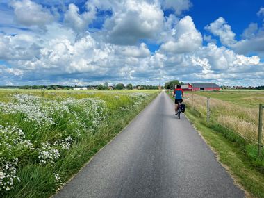 Cycle path between flower meadows and fields with a view of a small village