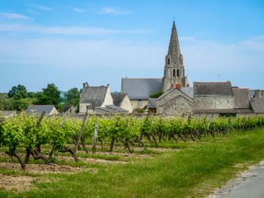 View of Parnay village along the Loire cycle route with green vineyards in foreground and stone church with tall spire behind historic buildings.