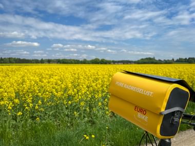 Yellow Eurobike handlebar bag with text 'Pure Radreiselust' mounted on bicycle at edge of bright yellow rapeseed field under blue sky.