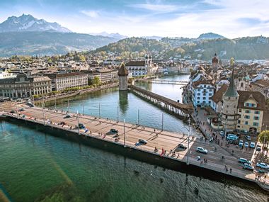 View of the historic wooden Chapel Bridge in Lucerne