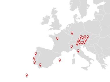 Map of Europe with red location markers showing Eurobike destination offices across countries including Spain, France, Austria, Germany, and Central Europe.