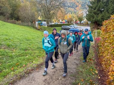 Große Wandergruppe in Outdoor-Kleidung auf Feldweg durch Herbstlandschaft mit buntem Laub, grüner Wiese und Bergen.