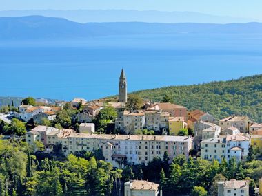 Panoramic view over the town of Labin with the coast in the background