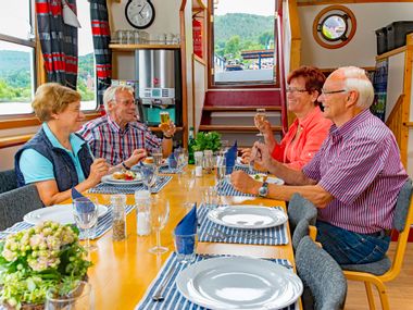 Cyclists in the ship's restaurant