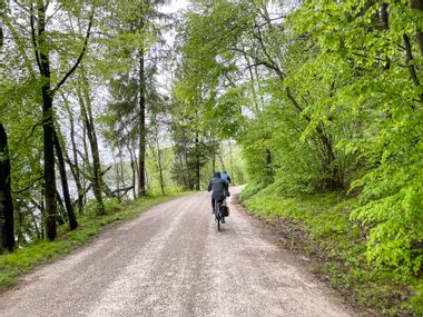 Fahrradfahrer auf Radweg mit Bäumen an See entlang
