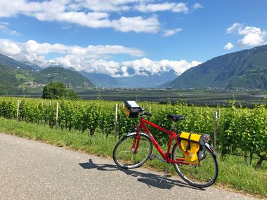 Eurobike-Rad vor Bergpanorama und Weinreben in Südtirol