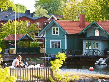 Typical colourful wooden houses in Vaxholm