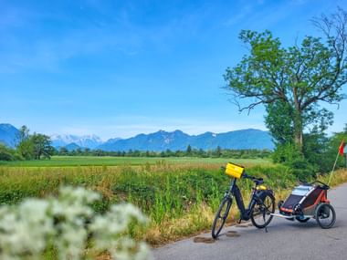 Rad mit Anhänger und Bergpanorama