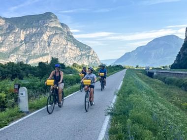 Vier Radfahrer mit gelben Packtaschen fahren auf dem Etschradweg vor dramatischer Alpenkulisse mit grüner Vegetation.