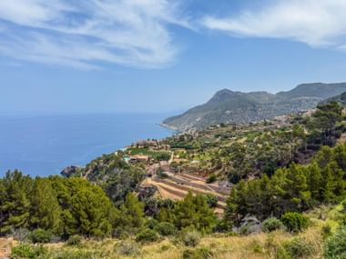 Terrassierte Hänge und kurvenreiche Straßen im Tramuntana-Gebirge bei Valldemossa, Mallorca, mit blauem Mittelmeer und Küstenklippen.