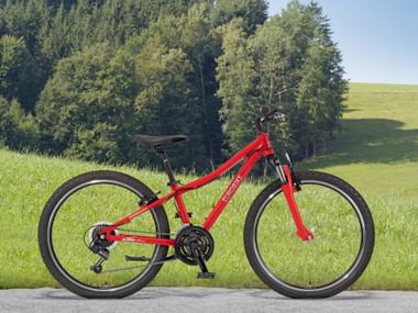 Rotes 24-Zoll Eurobike Kinderfahrrad mit Federgabel und Gangschaltung, auf einer Straße vor grünen Wiesen und Wald positioniert.