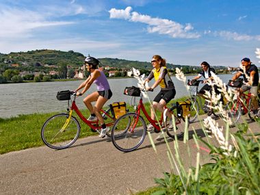 Radfahrer auf Radweg entlang der Donau