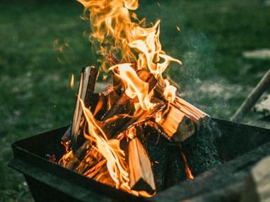 Leuchtend orange Flammen steigen von brennenden Holzscheiten in einem schwarzen Metallfeuerkorb vor verschwommenem grünem Hintergrund.