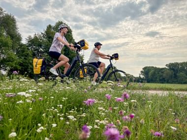 Zwei Radfahrerinnen mit gelben Taschen fahren durch eine Blumenwiese mit weißen und rosa Blüten unter bewölktem Himmel bei Offenbach.