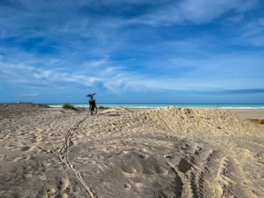 Bicycle standing on sandy dunes at Spiagge Bianche beach near Rosignano Solvay. Turquoise sea and blue sky visible in background.