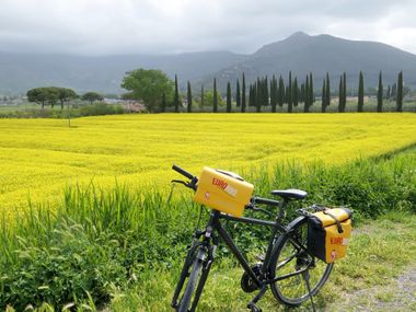 Rental bike in front of the Tuscan landscape