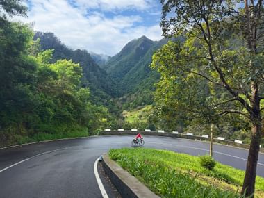Cyclist in red jacket riding on a curved mountain road in Madeira, surrounded by lush green mountains and trees under a blue sky.