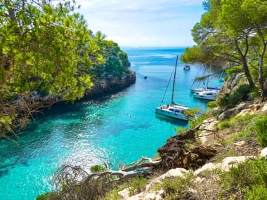 Malerischer Blick auf die Bucht Cala Pi auf Mallorca mit Segelbooten im türkisfarbenen Wasser, umrahmt von Felsen und Pinien.