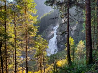 View of Krimml Waterfalls cascading down rocky cliffs, framed by tall coniferous trees in a misty mountain forest.
