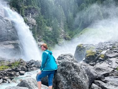 Product Manager Sabine in front of the Krimml Waterfalls