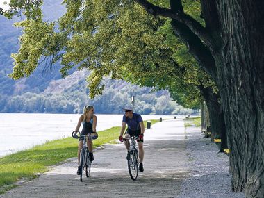 Radfahrer auf Radweg neben der Donau