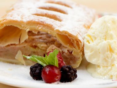 Apple strudel with vanilla ice cream