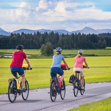 Drei Radfahrer auf einem Weg durch grüne Wiesen im Salzkammergut, Österreich. Berge und Wälder im Hintergrund unter bewölktem Himmel.