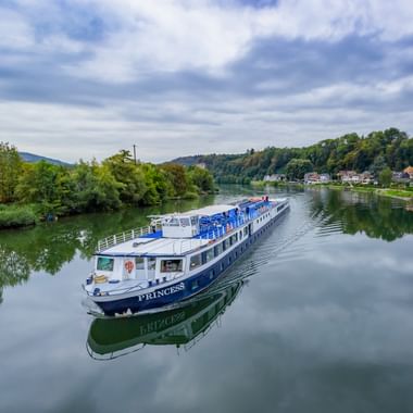 White and blue MS Princess passenger ship sailing on calm river waters surrounded by green forested hills and small riverside houses.