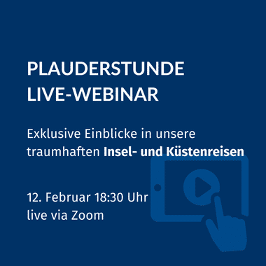 Blaue Werbegrafik für Eurobike Live-Webinar über Insel- und Küstenreisen, 12. Februar um 18:30 Uhr via Zoom. Play-Button-Symbol sichtbar.