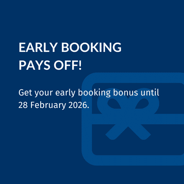 Blue promotional banner with gift icon. Text reads: Early booking pays off! Get your early booking bonus until 28 February 2026.