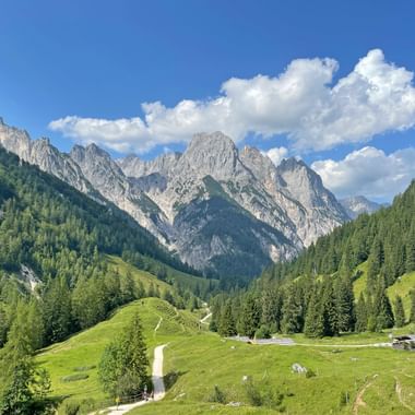 Panoramablick auf den Nationalpark Berchtesgaden mit dramatischen Kalksteingipfeln, grünen bewaldeten Tälern, Almwiesen und traditionellen Holzhütten.