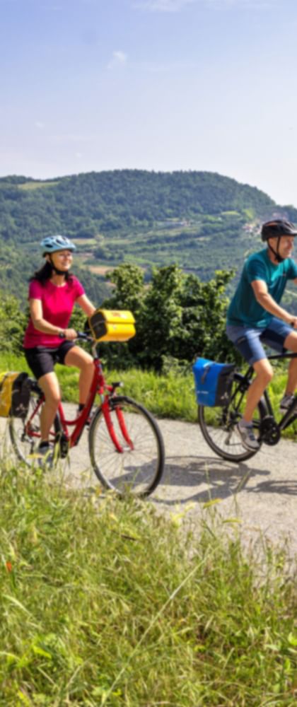 Zwei Radfahrer auf einem Weg zwischen Haselnusshainen in Piemont