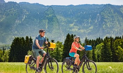 Cyclist couple in front of a mountain backdrop in the countryside