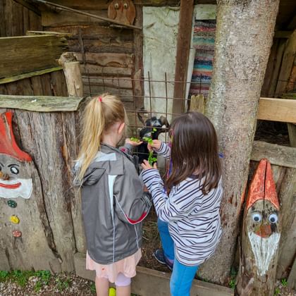Two children feeding goats through a wooden fence in a rustic barn. Decorative painted gnomes adorn the weathered wood structure.