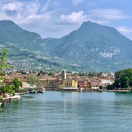 View of the town of Riva del Garda with mountain panorama