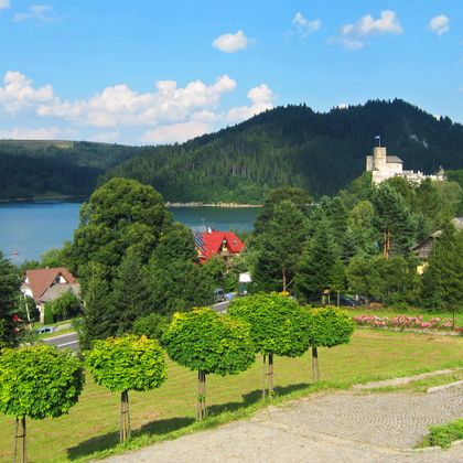 At Lake Czorsztynskie with Niedzica Castle in the background
